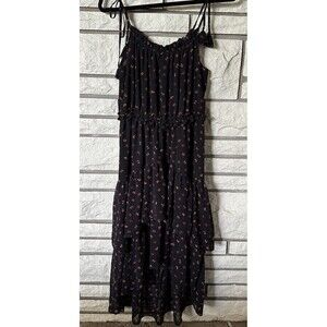 EVIE Black Floral Maxi Dress Tiered Hi Lo Hem Layered Women’s Sz Med BOHO Grunge